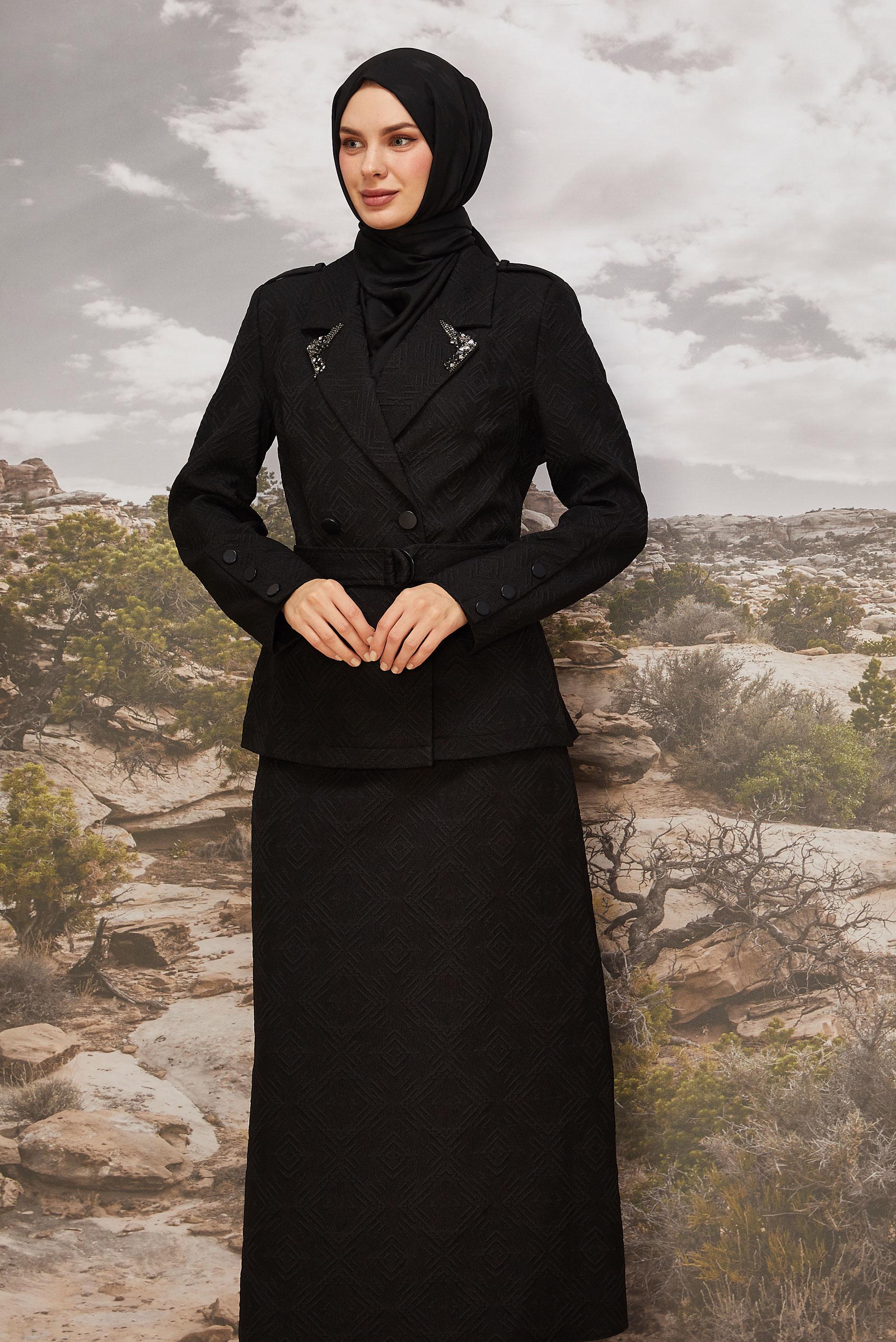 Hijab clothing BLACK BELTED JACQUARD SKIRTED SUIT 46102