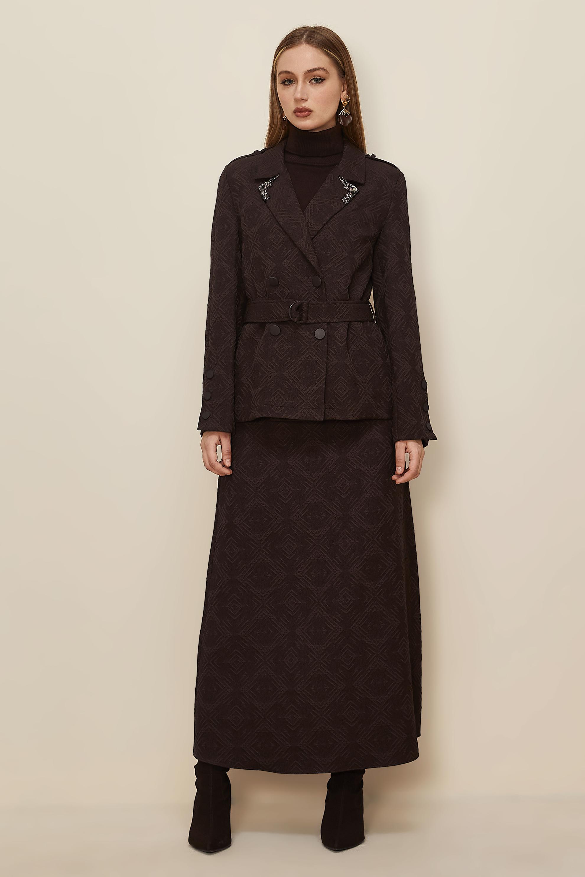 Hijab clothing BROWN BELTED JACQUARD SKIRTED SUIT 46102