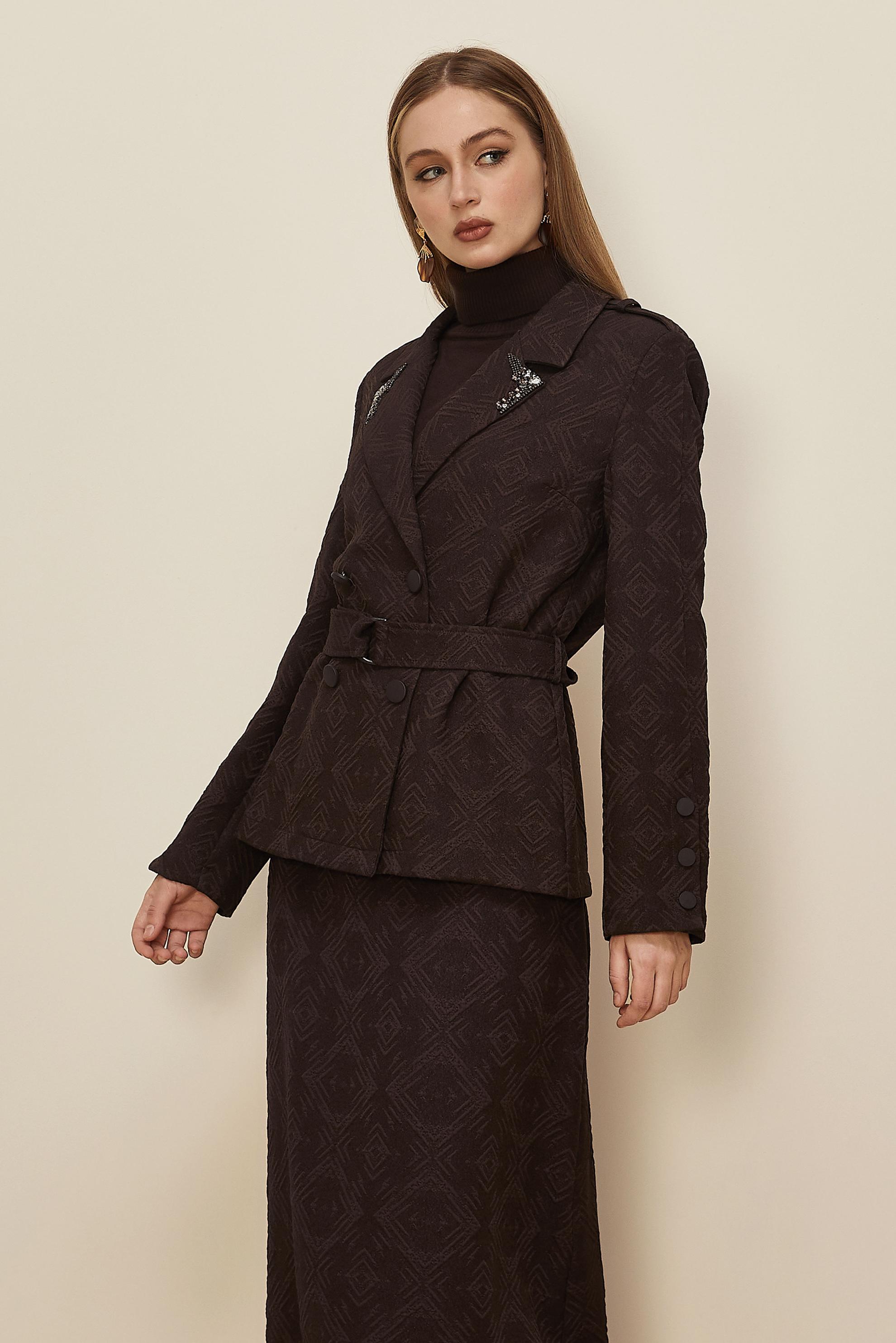 Hijab clothing BROWN BELTED JACQUARD SKIRTED SUIT 46102