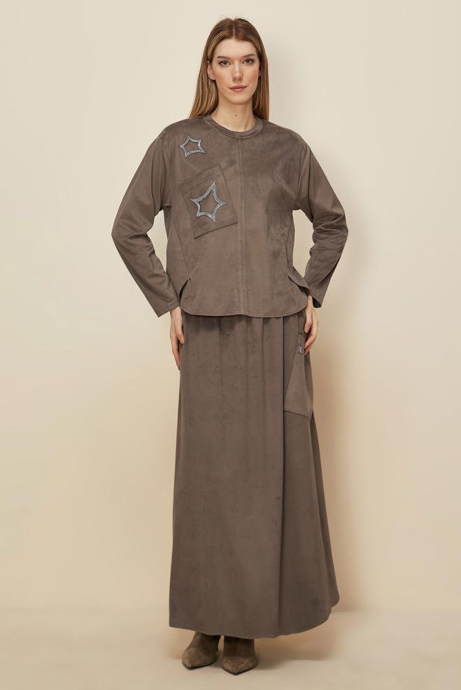 Tesettür giyim VİZON 46140 DOUBLE SÜET 2&prime;Lİ ETEK.TK. 38-44 TEK 40 - ALVİNA