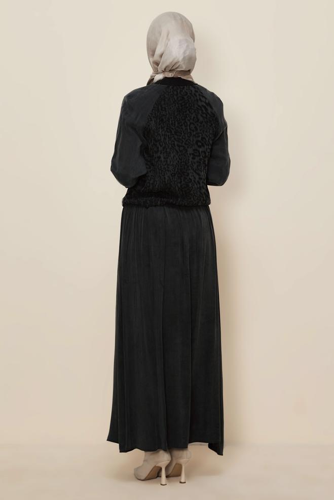 Tesettür giyim SİYAH ETEKLİ LEOPAR DESENLİ TAKIM 46187 - ALVİNA