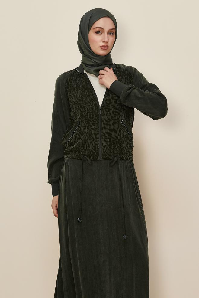 Tesettür giyim HAKİ ETEKLİ LEOPAR DESENLİ TAKIM 46187 - ALVİNA