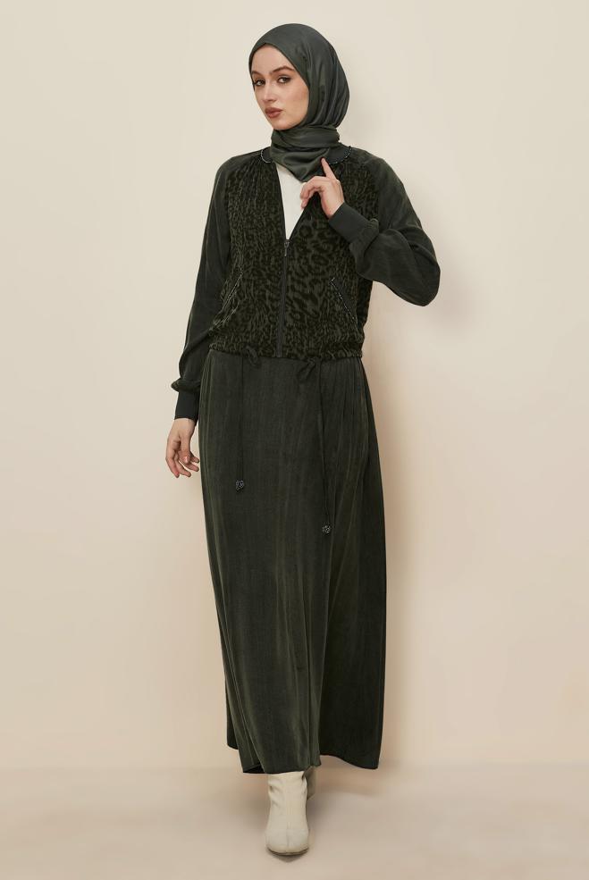 Tesettür giyim HAKİ ETEKLİ LEOPAR DESENLİ TAKIM 46187 - ALVİNA