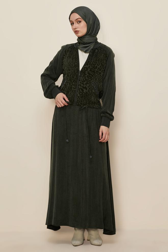 Tesettür giyim HAKİ ETEKLİ LEOPAR DESENLİ TAKIM 46187 - ALVİNA