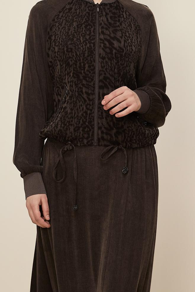 Tesettür giyim KAHVE ETEKLİ LEOPAR DESENLİ TAKIM 46187 - ALVİNA