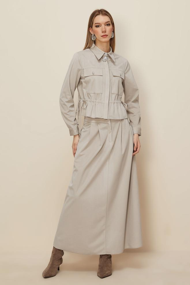 Hijab clothing BEIGE SHIRT COLLAR SKIRTED SUIT 46237 - ALVİNA