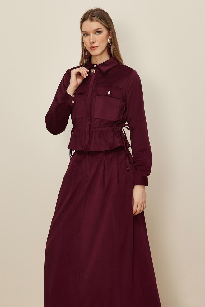 Hijab clothing CLARET RED SHIRT COLLAR SKIRTED SUIT 46237 - ALVİNA