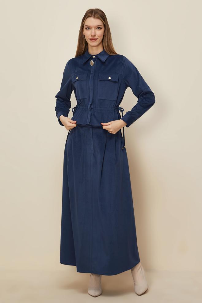 Hijab clothing NAVY BLUE SHIRT COLLAR SKIRTED SUIT 46237 - ALVİNA