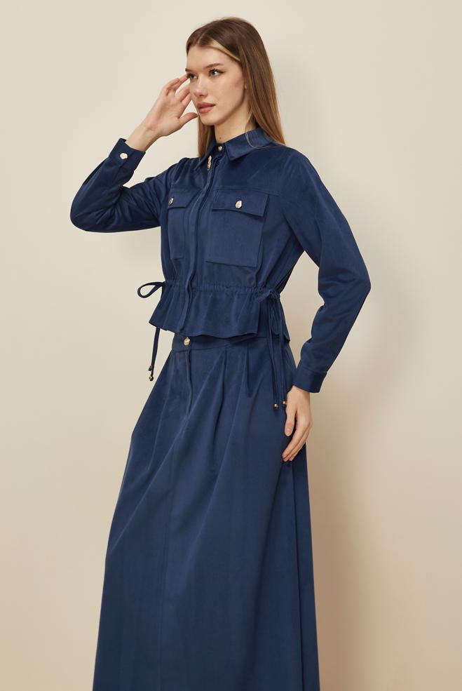 Hijab clothing NAVY BLUE SHIRT COLLAR SKIRTED SUIT 46237 - ALVİNA