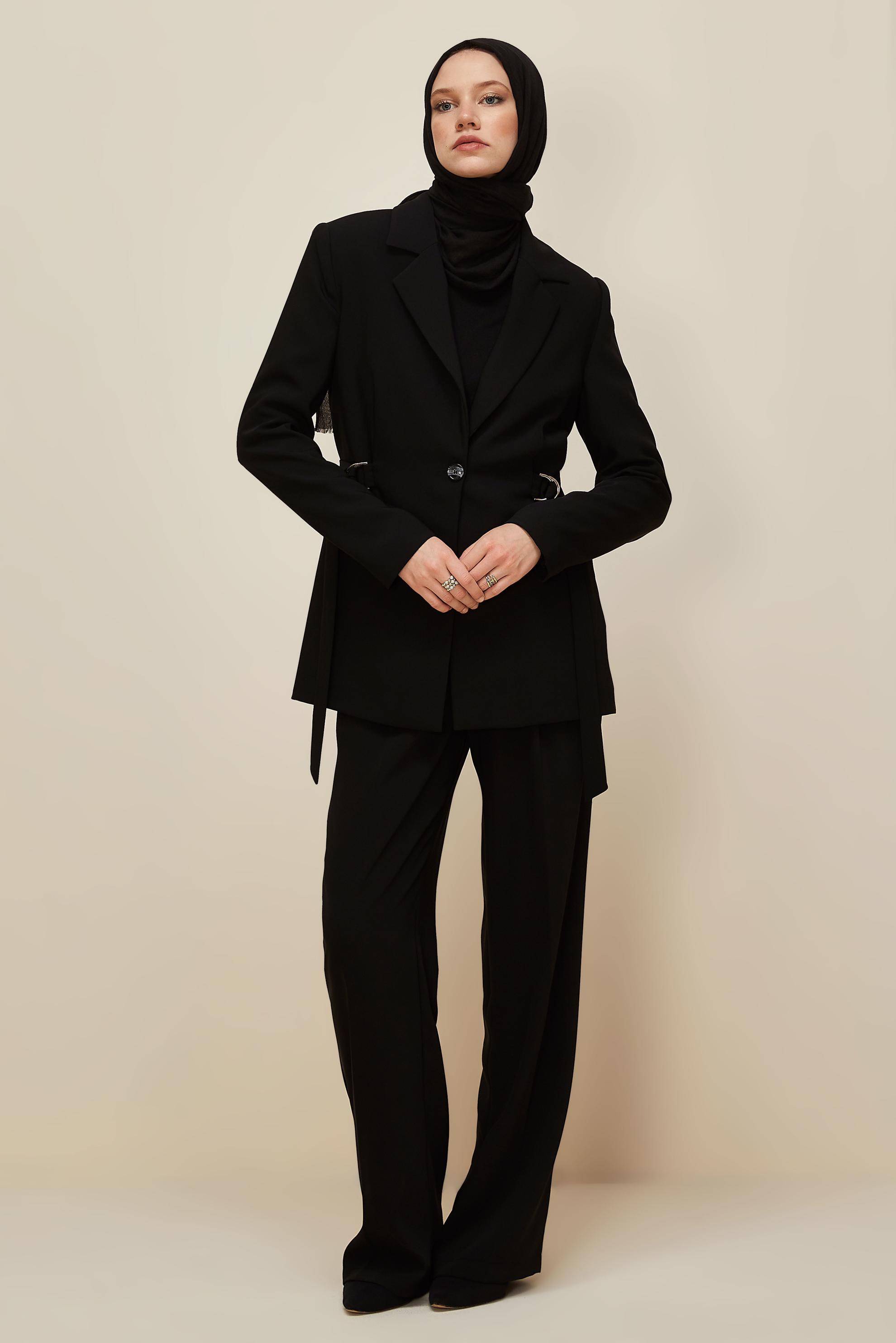 Tesettür giyim SİYAH KEMERLİ PANTOLONLU TAKIM 30541