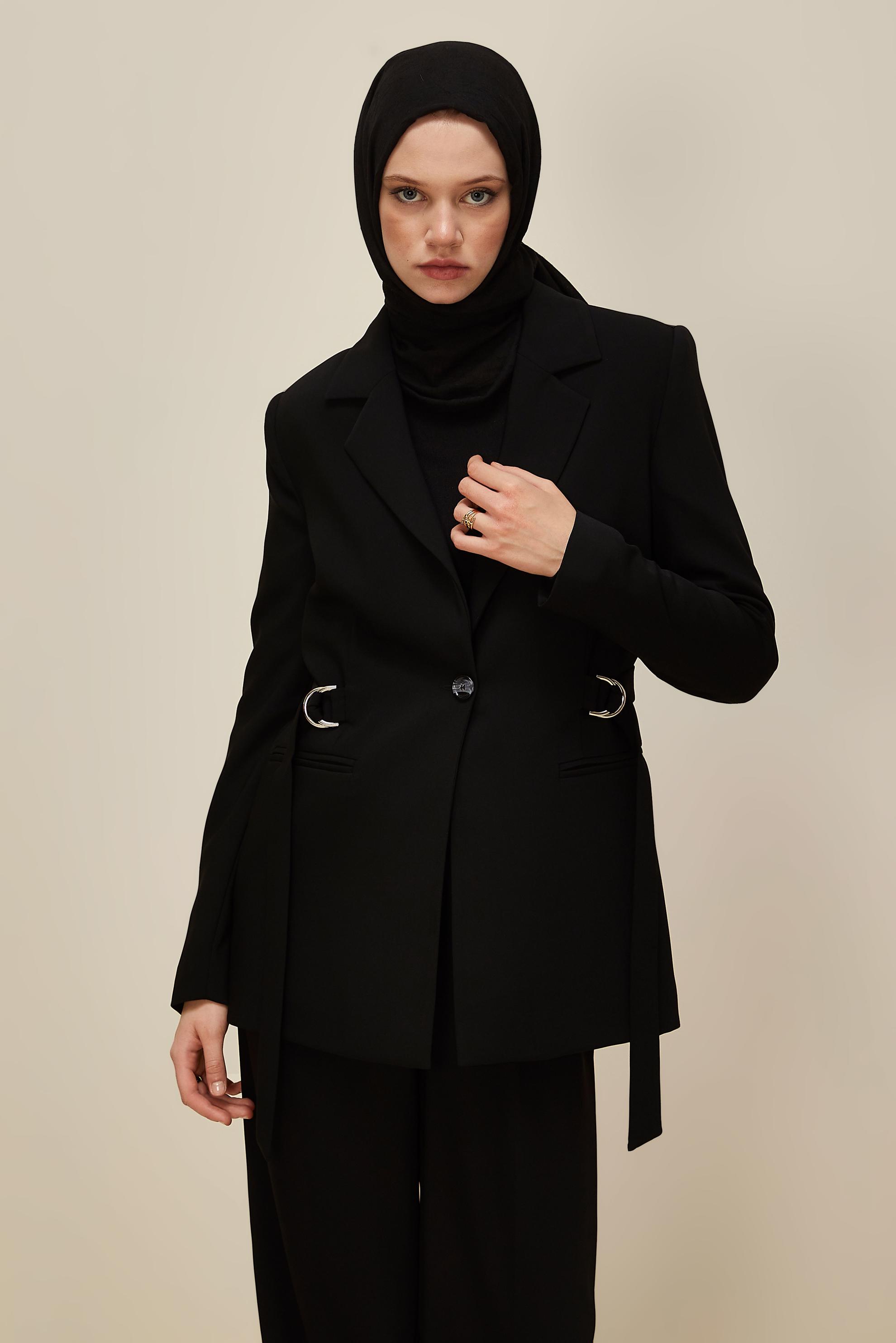 Tesettür giyim SİYAH KEMERLİ PANTOLONLU TAKIM 30541