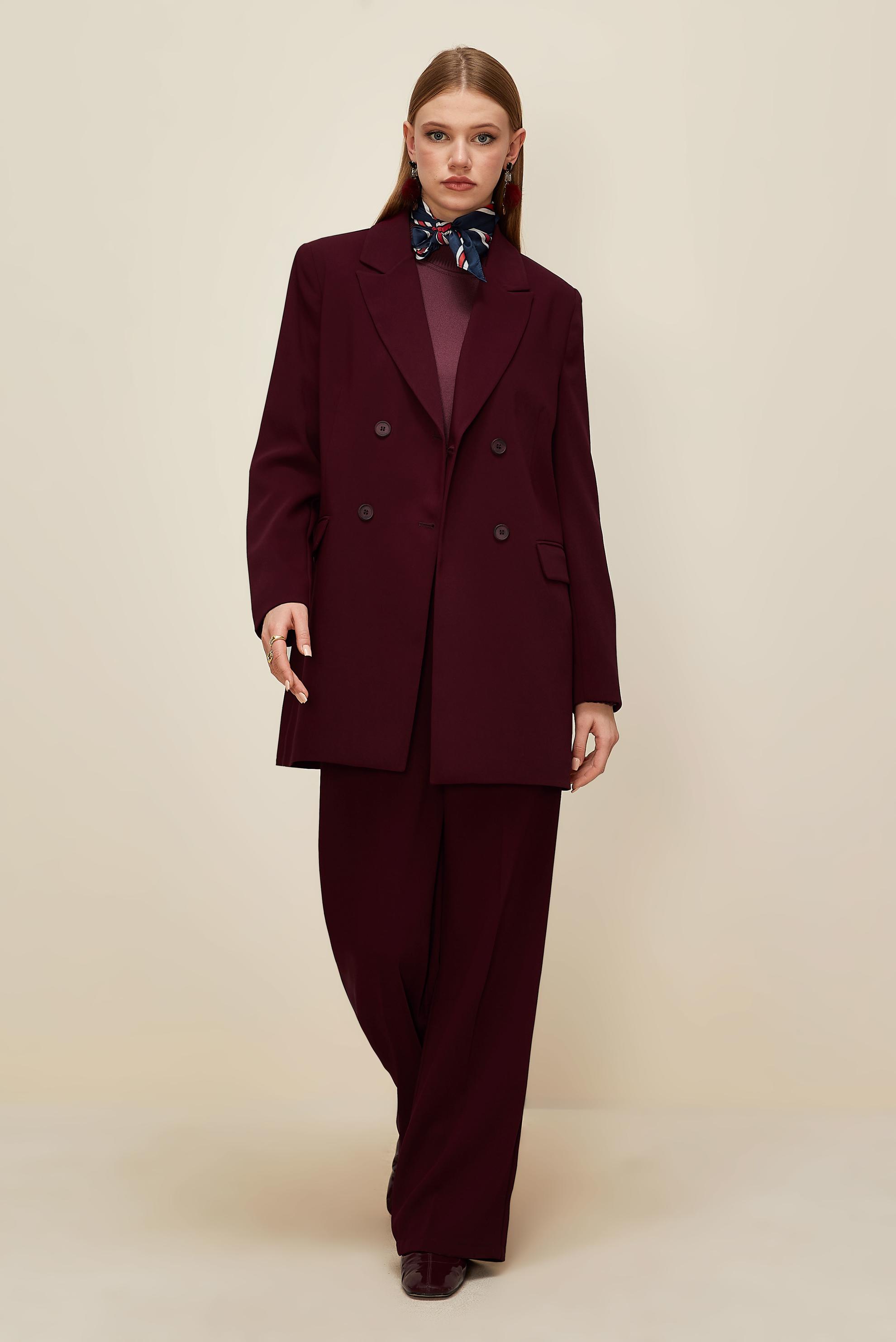 Tesettür giyim BORDO KRUVAZE YAKA PANTOLONLU TAKIM 30543