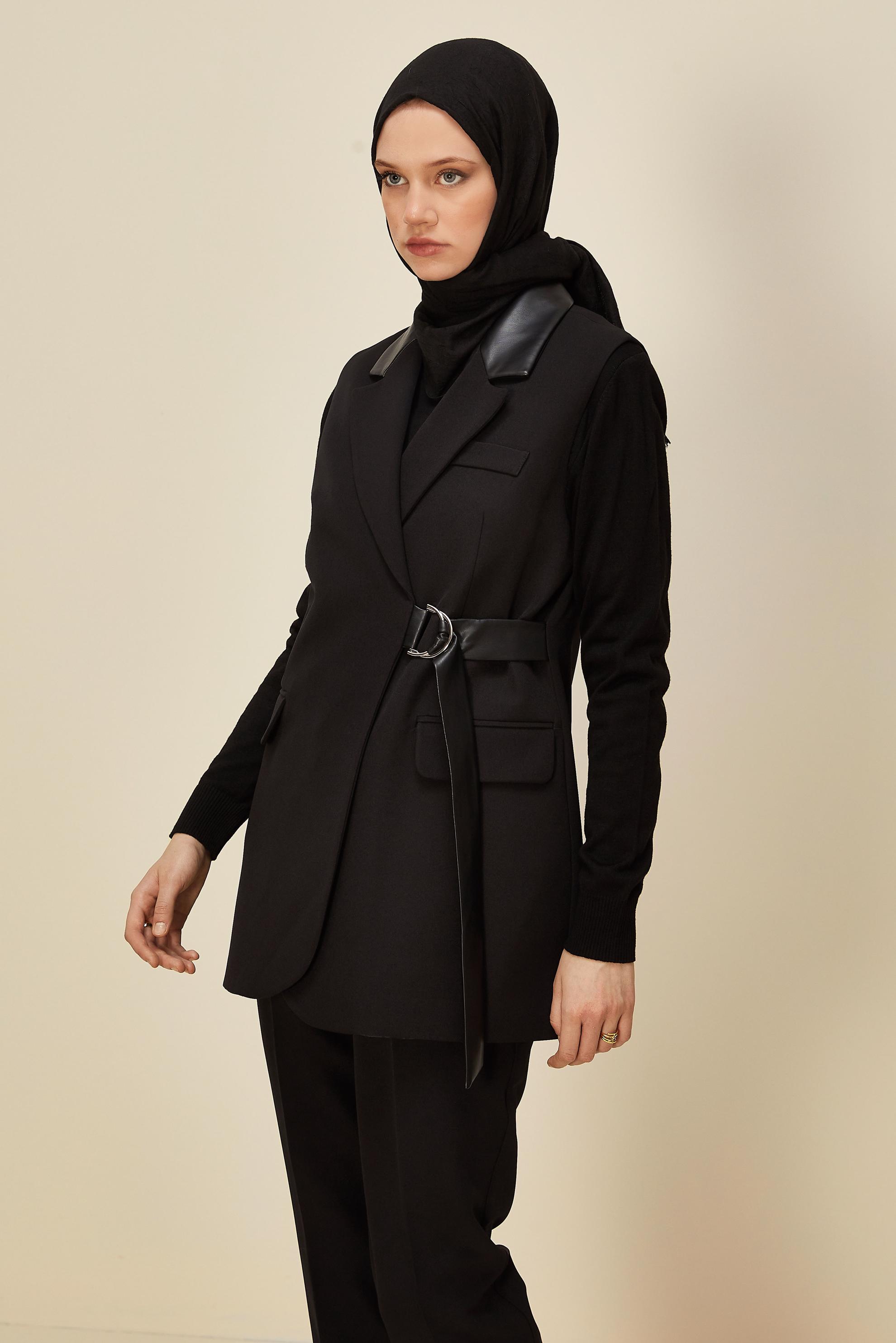 Tesettür giyim SİYAH KEMERLİ PANTOLONLU TAKIM 45268