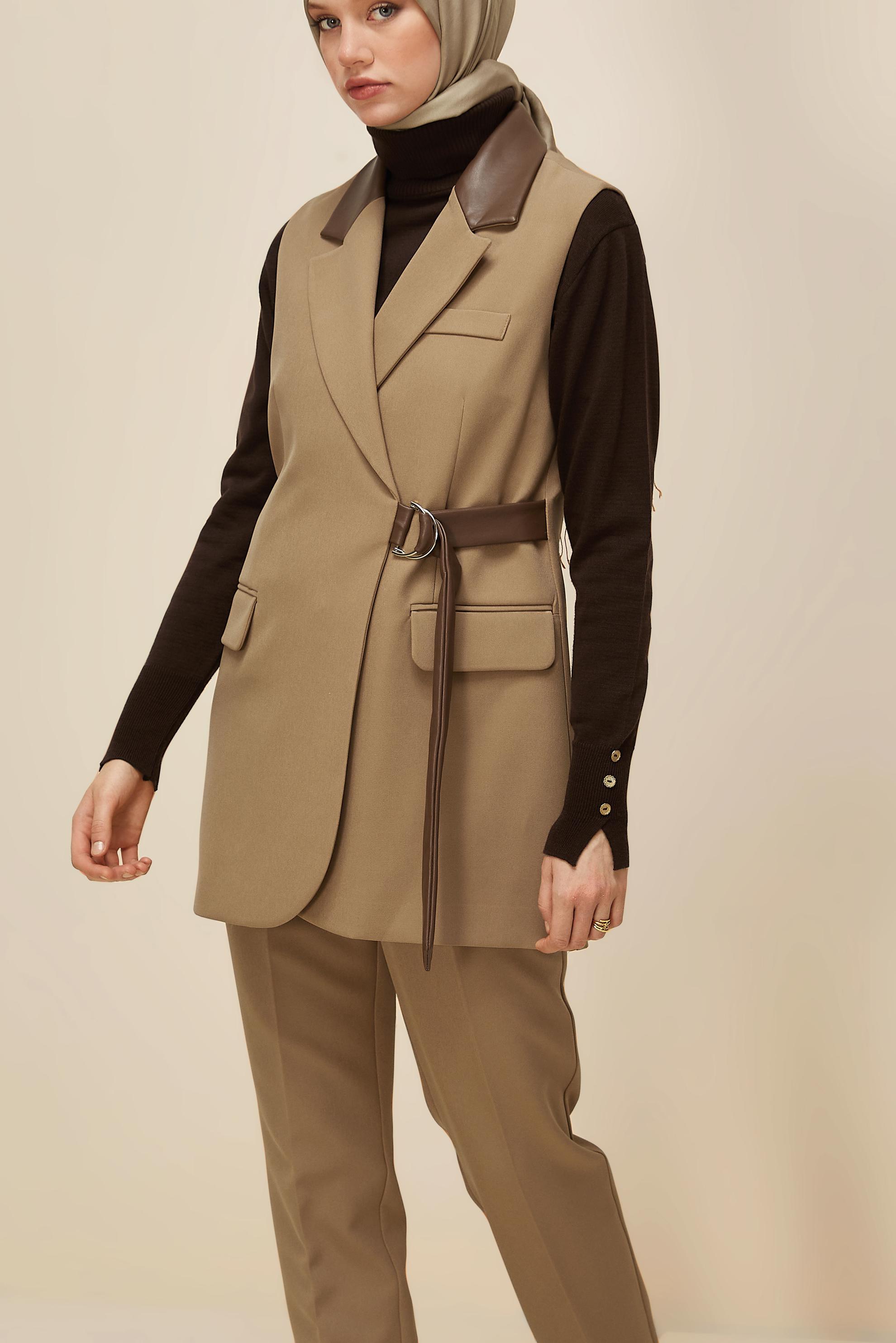 Tesettür giyim KAHVE KEMERLİ PANTOLONLU TAKIM 45268