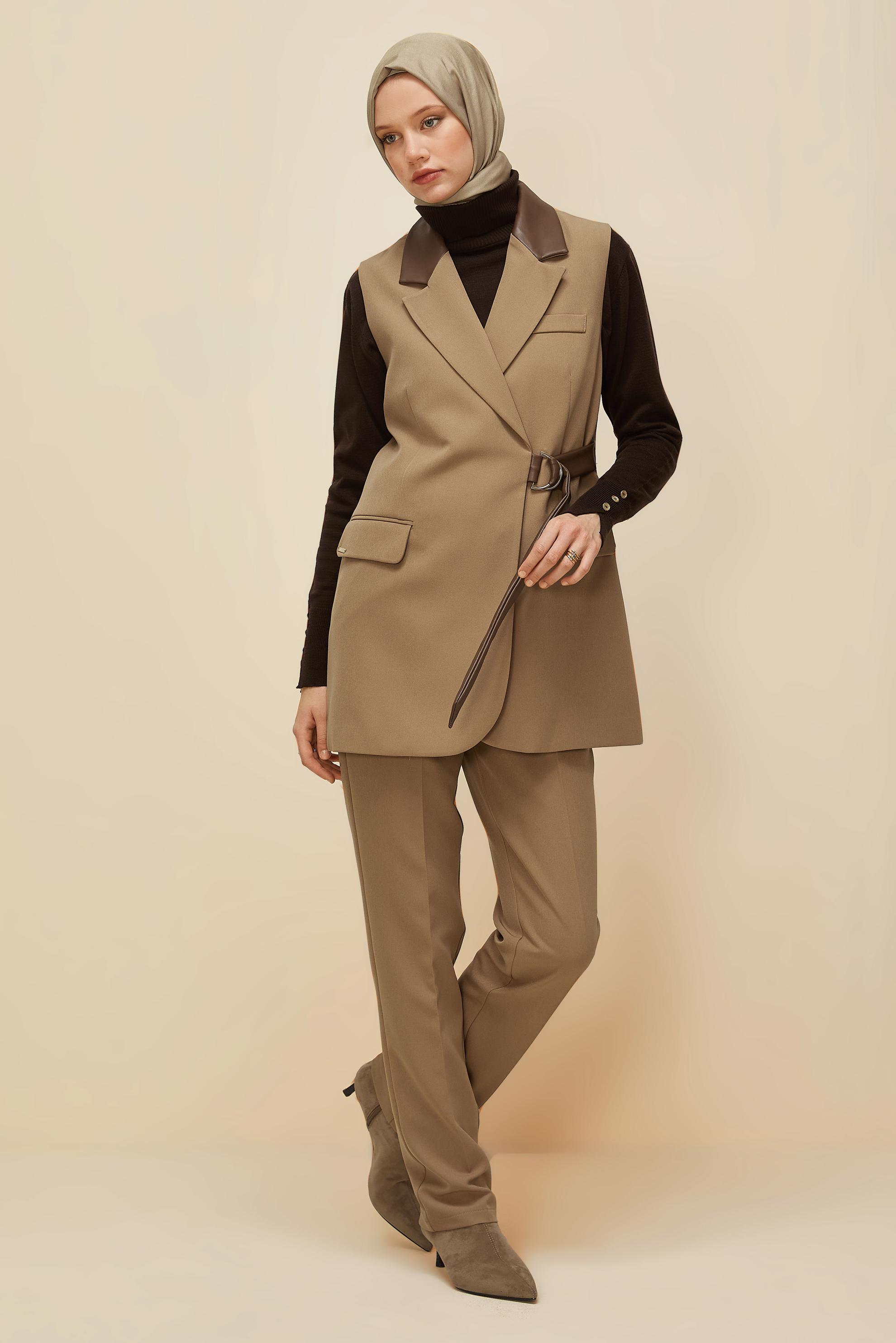 Tesettür giyim KAHVE KEMERLİ PANTOLONLU TAKIM 45268