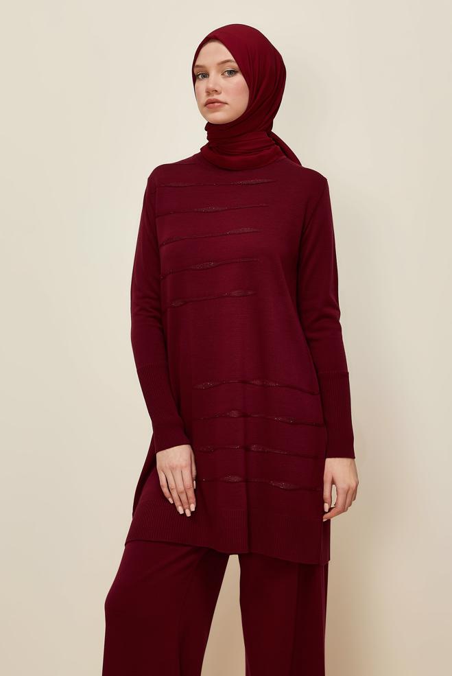 Vêtements hijab ROUGE BORDEAUX ENSEMBLE PANTALON EN TRICOT 45824 - ALVİNA