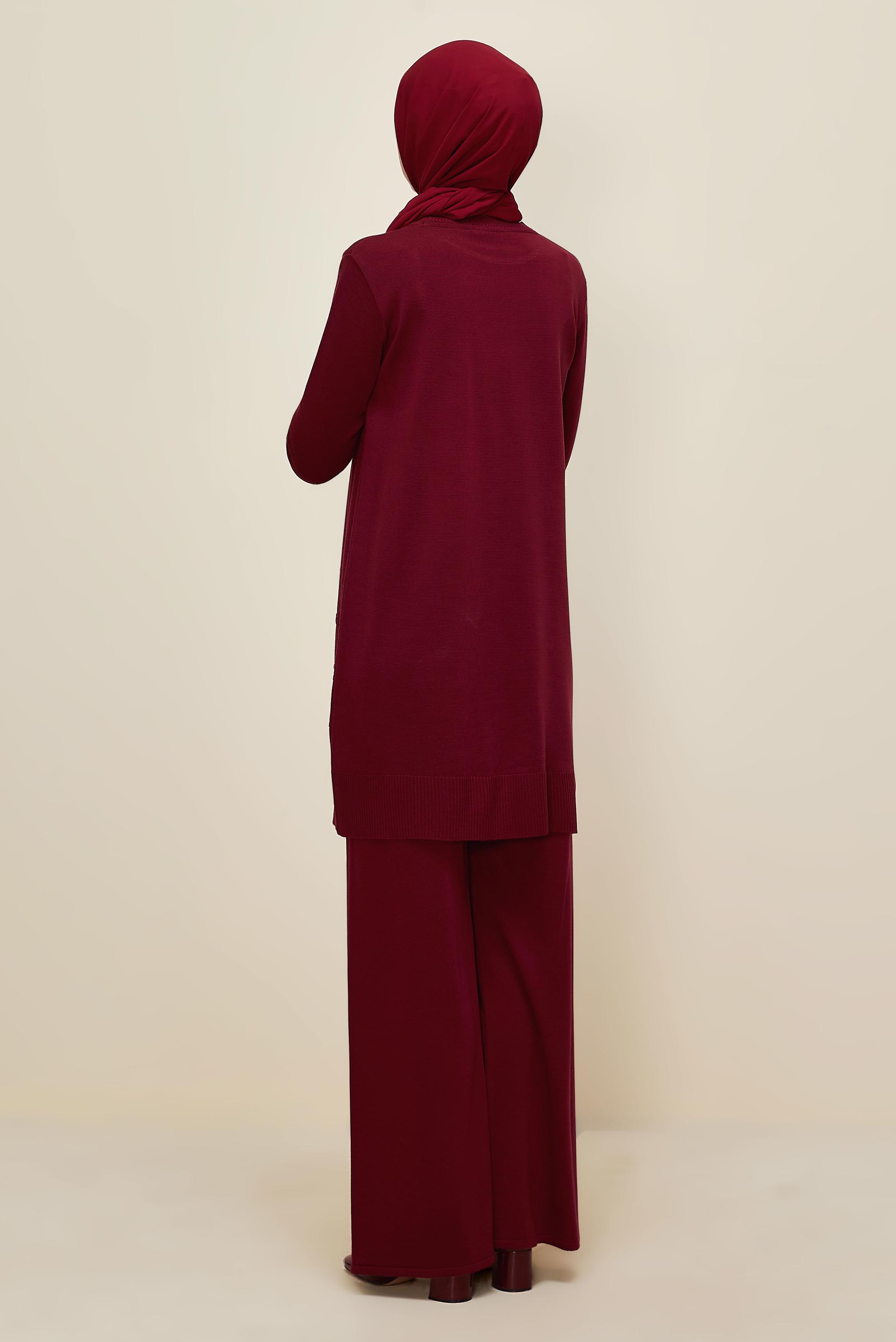 Tesettür giyim BORDO PANTOLONLU TRİKO TAKIM 45824