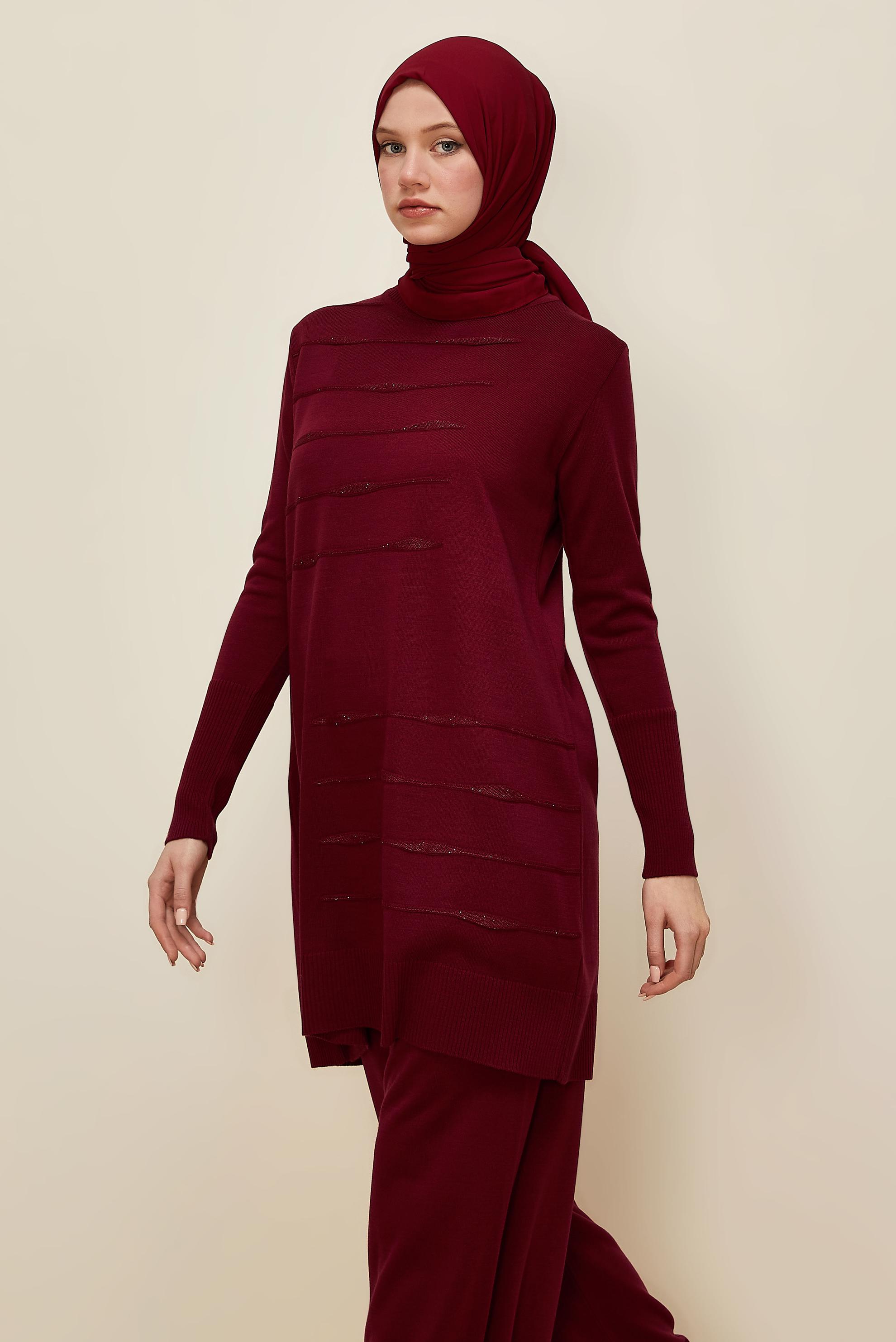 Tesettür giyim BORDO PANTOLONLU TRİKO TAKIM 45824