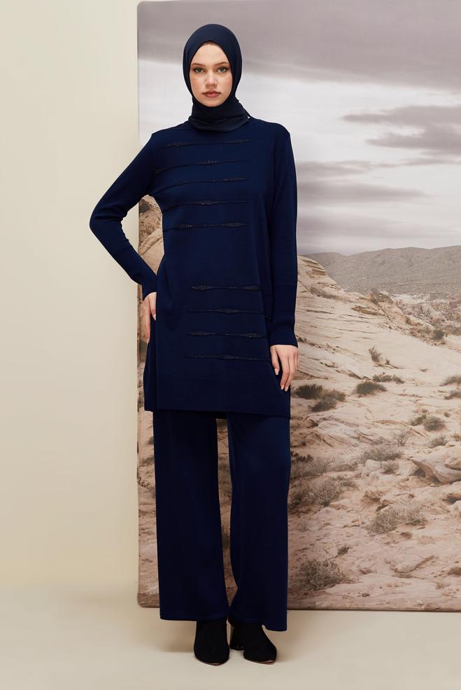 Vêtements hijab BLEU MARINE ENSEMBLE PANTALON EN TRICOT 45824 - ALVİNA