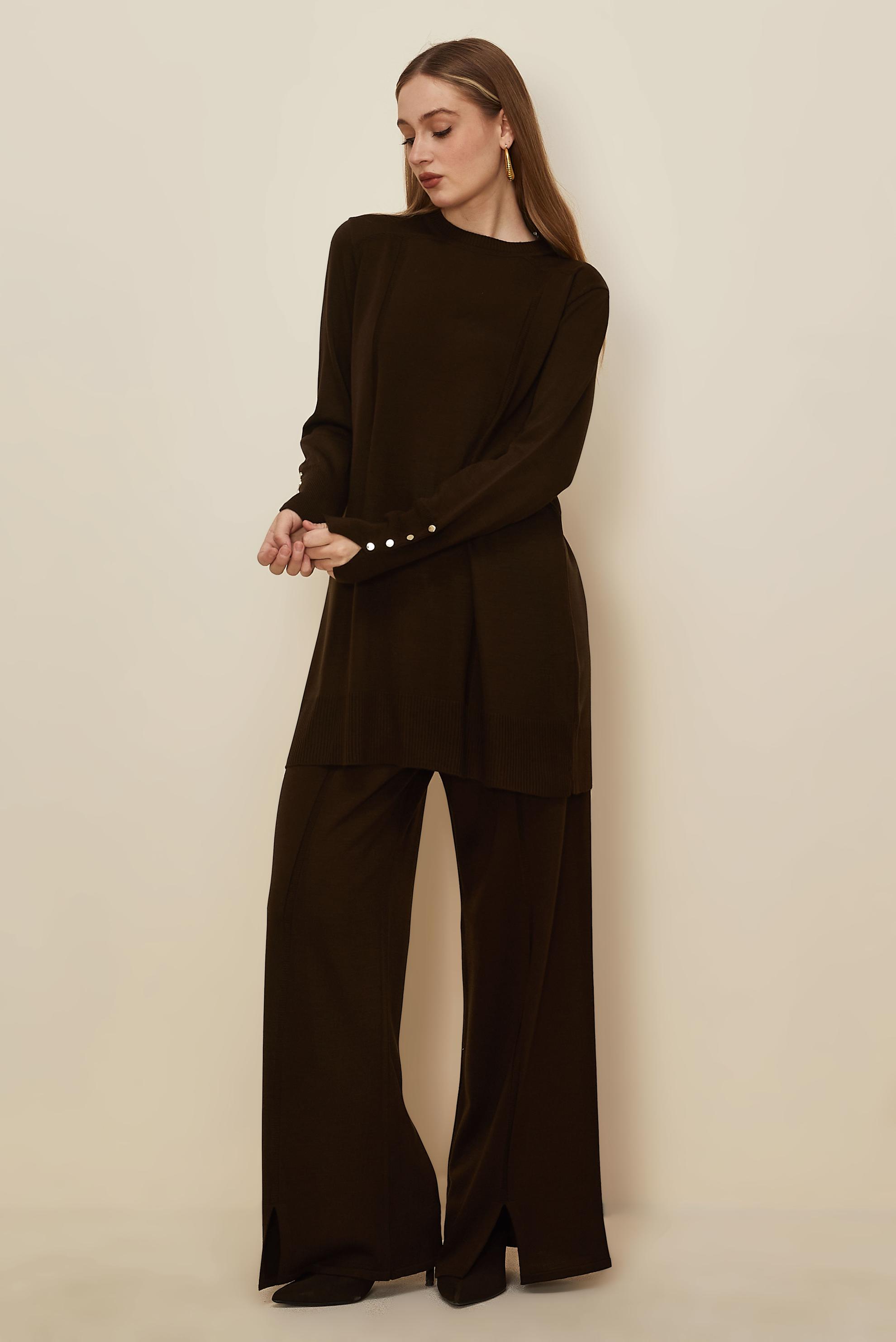 Tesettür giyim KAHVE PANTOLONLU TRİKO TAKIM 45825