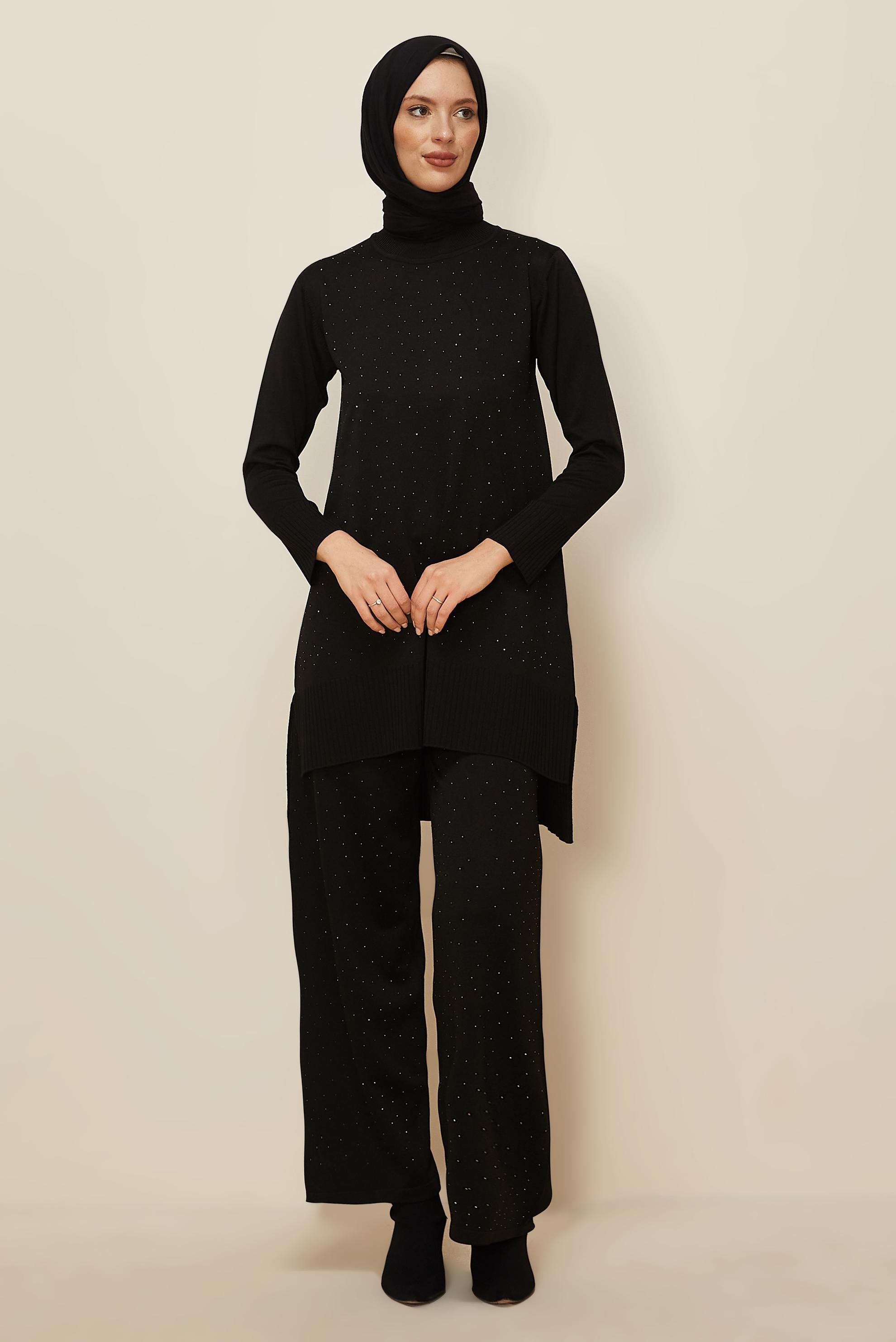 Hijab clothing BLACK GEM DETAILED KNITWEAR PANTSUIT 45863