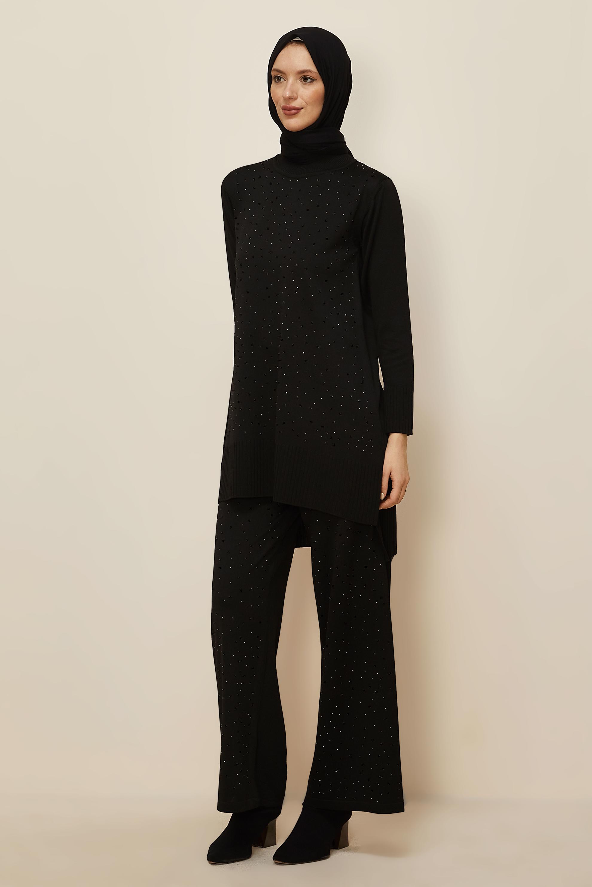Hijab clothing BLACK GEM DETAILED KNITWEAR PANTSUIT 45863