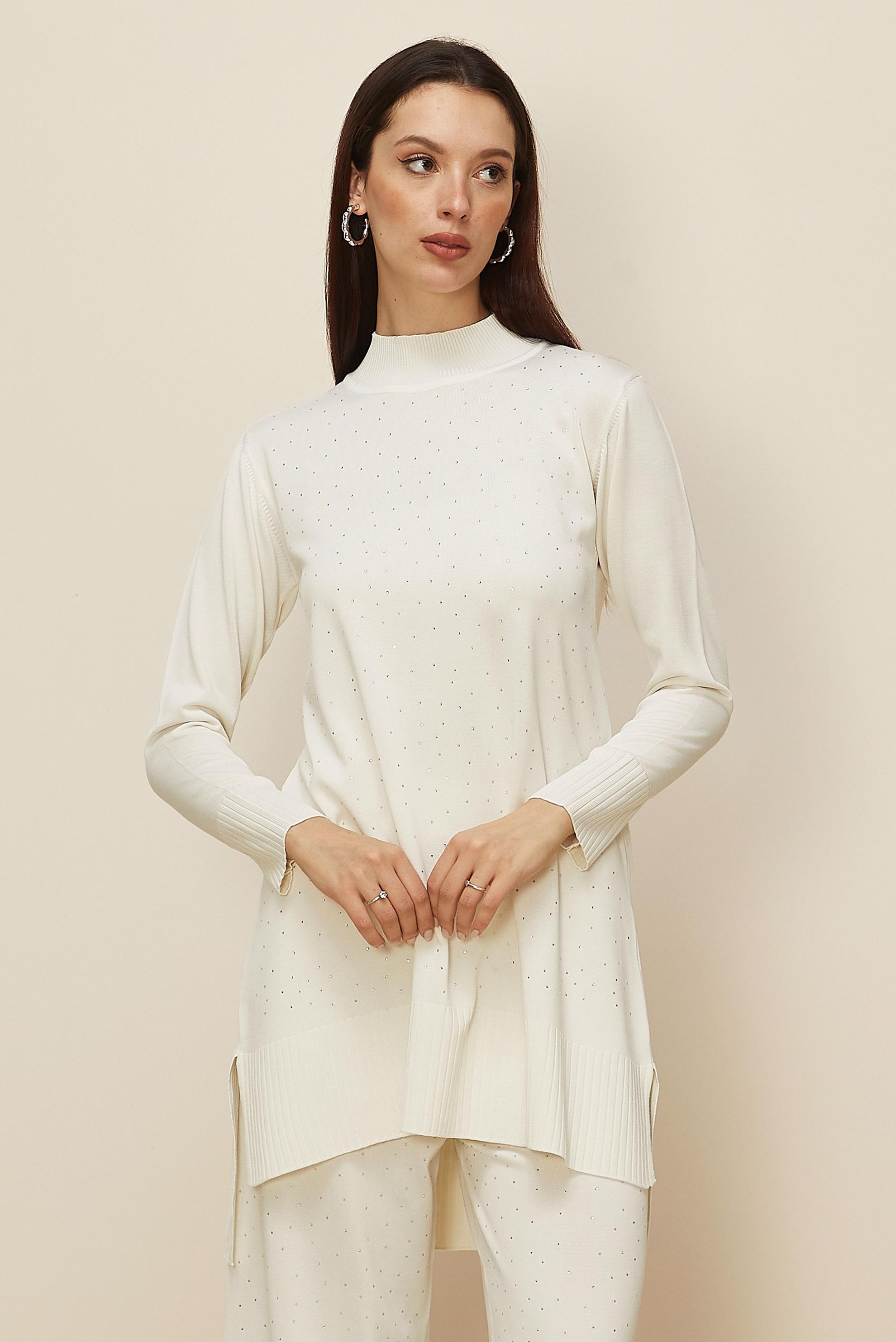 Tesettür giyim BEYAZ PANTOLONLU TAŞ BASKILI TRİKO TAKIM 45863