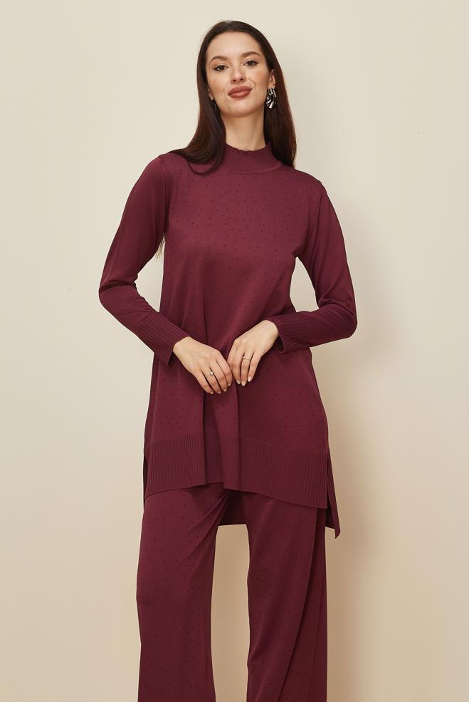 Tesettür giyim BORDO PANTOLONLU TAŞ BASKILI TRİKO TAKIM 45863 - ALVİNA