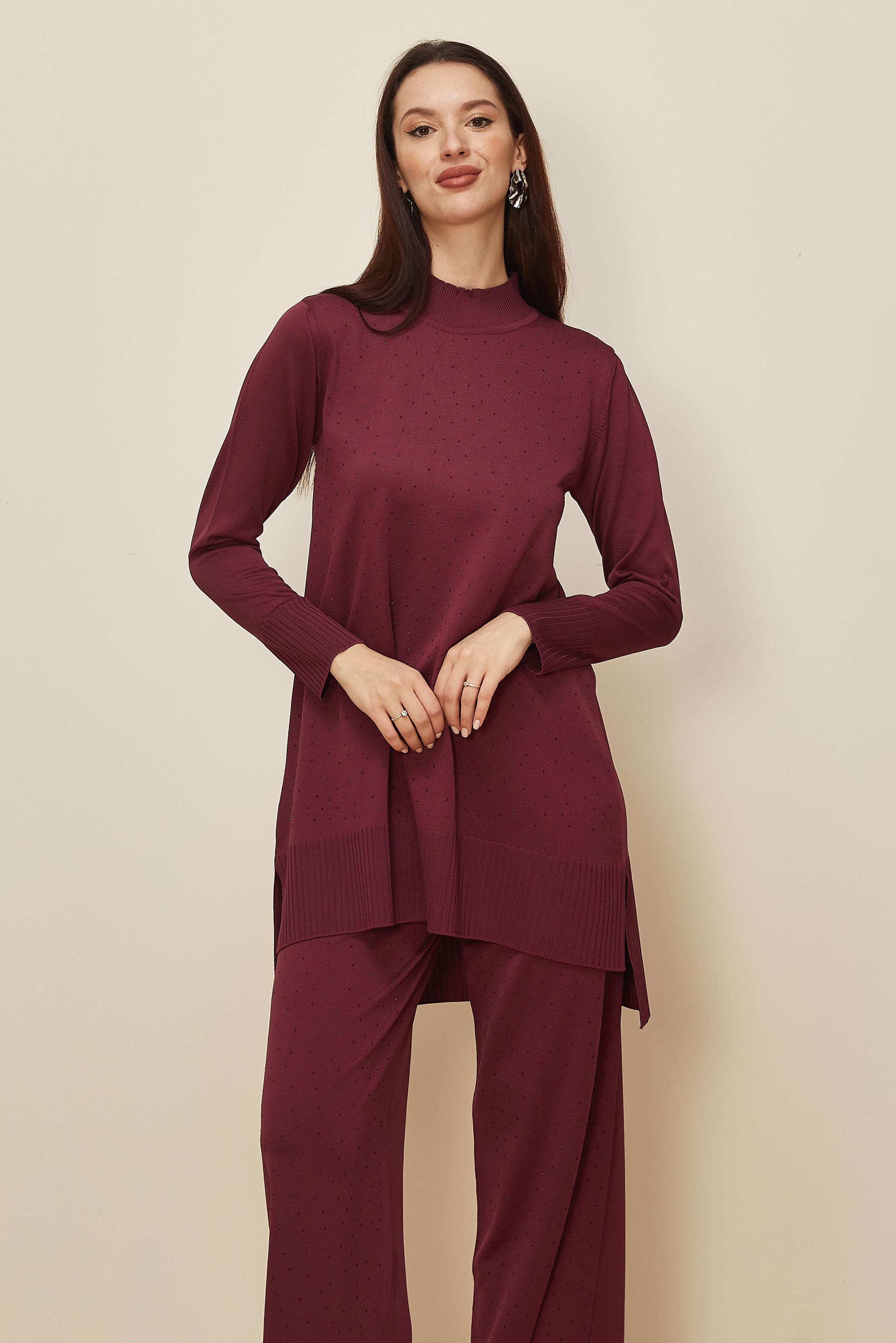 Tesettür giyim BORDO PANTOLONLU TAŞ BASKILI TRİKO TAKIM 45863