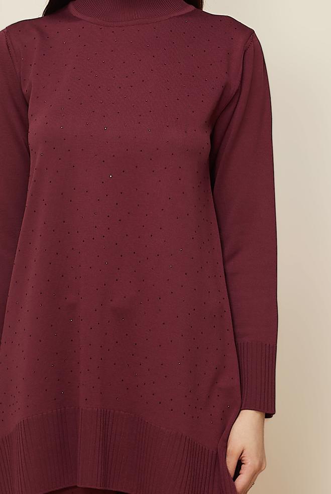 Tesettür giyim BORDO PANTOLONLU TAŞ BASKILI TRİKO TAKIM 45863 - ALVİNA