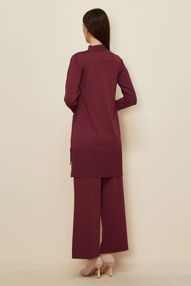 Tesettür giyim BORDO PANTOLONLU TAŞ BASKILI TRİKO TAKIM 45863 - ALVİNA