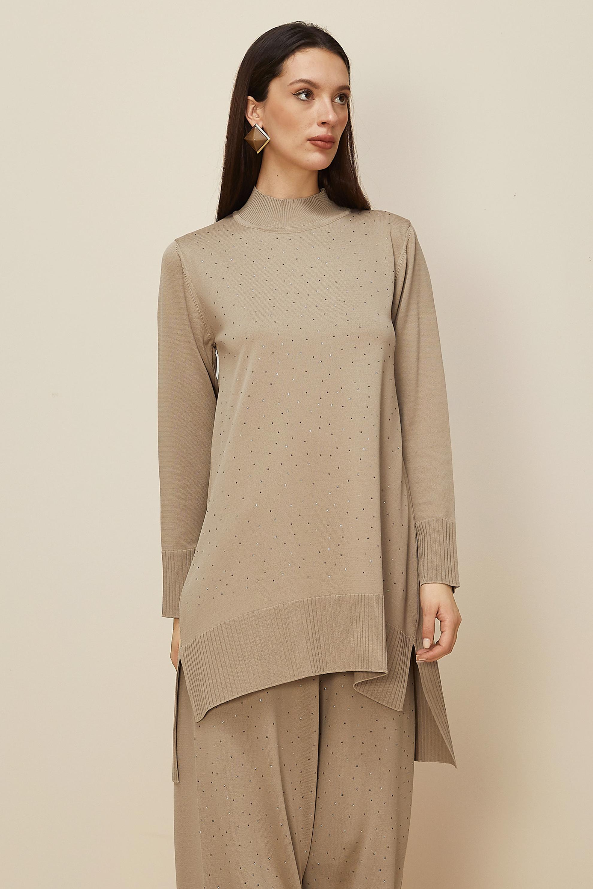 Tesettür giyim BEJ PANTOLONLU TAŞ BASKILI TRİKO TAKIM 45863