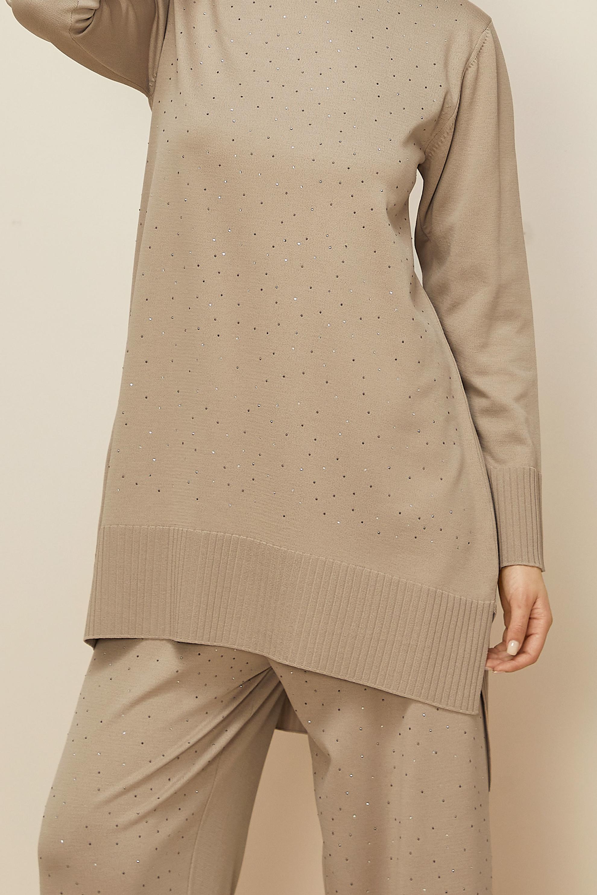 Tesettür giyim BEJ PANTOLONLU TAŞ BASKILI TRİKO TAKIM 45863