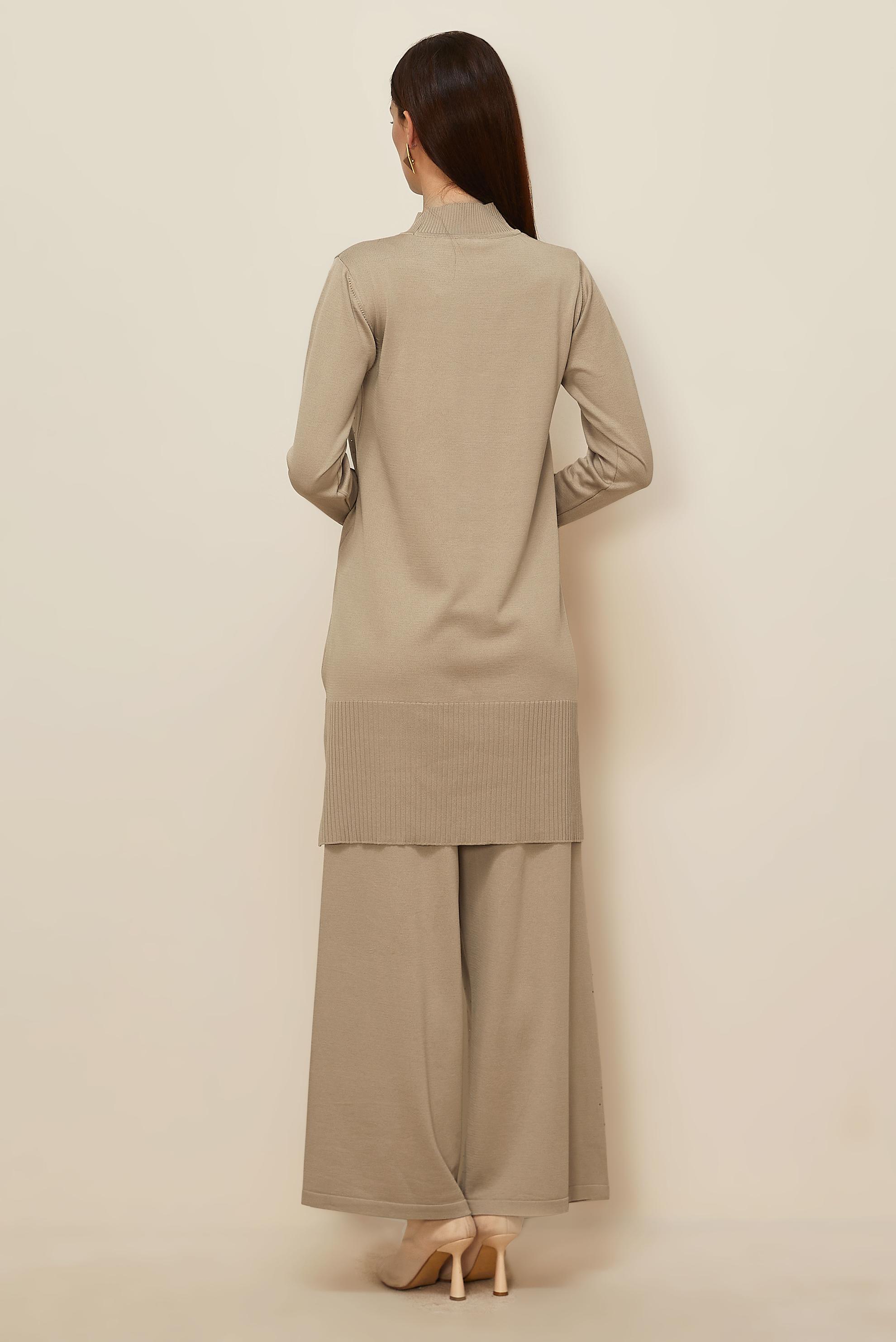 Tesettür giyim BEJ PANTOLONLU TAŞ BASKILI TRİKO TAKIM 45863