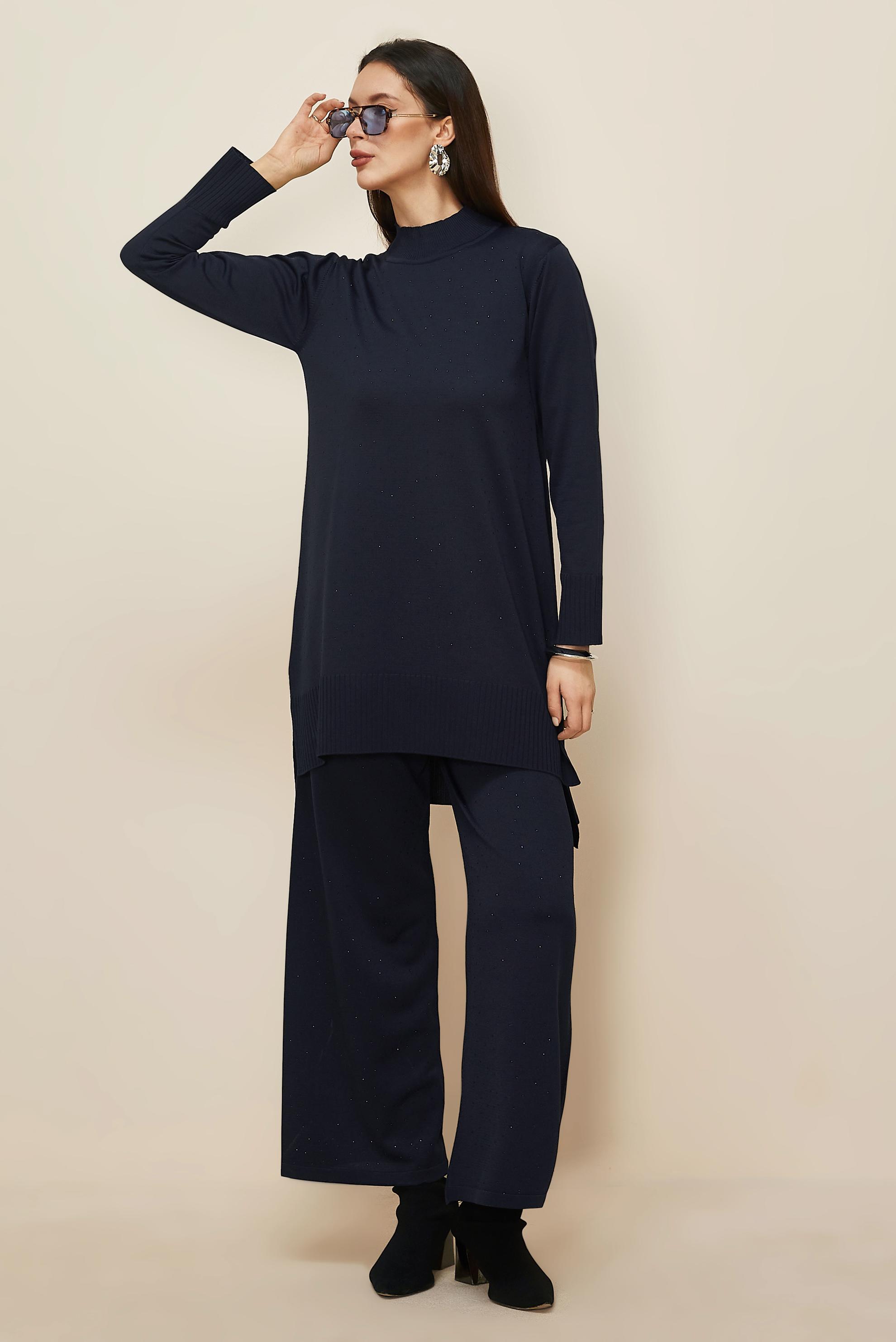 Vêtements hijab BLEU MARINE ENSEMBLE PANTALON EN TRICOT DÉTAILLÉ GEMME 45863
