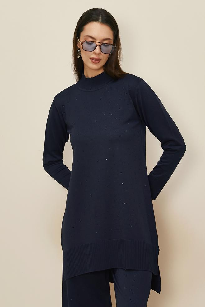 Vêtements hijab BLEU MARINE ENSEMBLE PANTALON EN TRICOT DÉTAILLÉ GEMME 45863 - ALVİNA