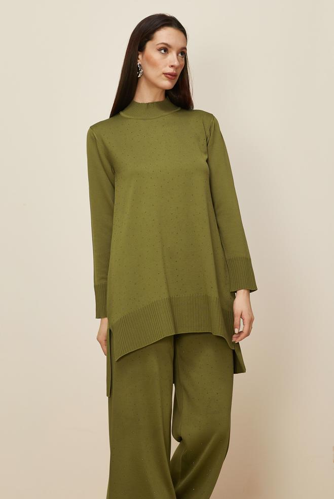 Tesettür giyim YEŞİL PANTOLONLU TAŞ BASKILI TRİKO TAKIM 45863 - ALVİNA