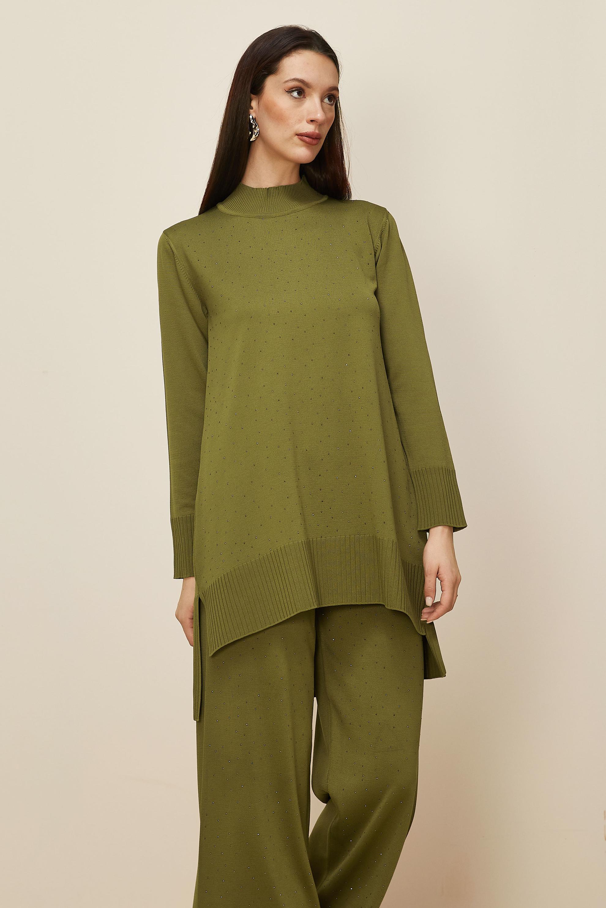 Tesettür giyim YEŞİL PANTOLONLU TAŞ BASKILI TRİKO TAKIM 45863