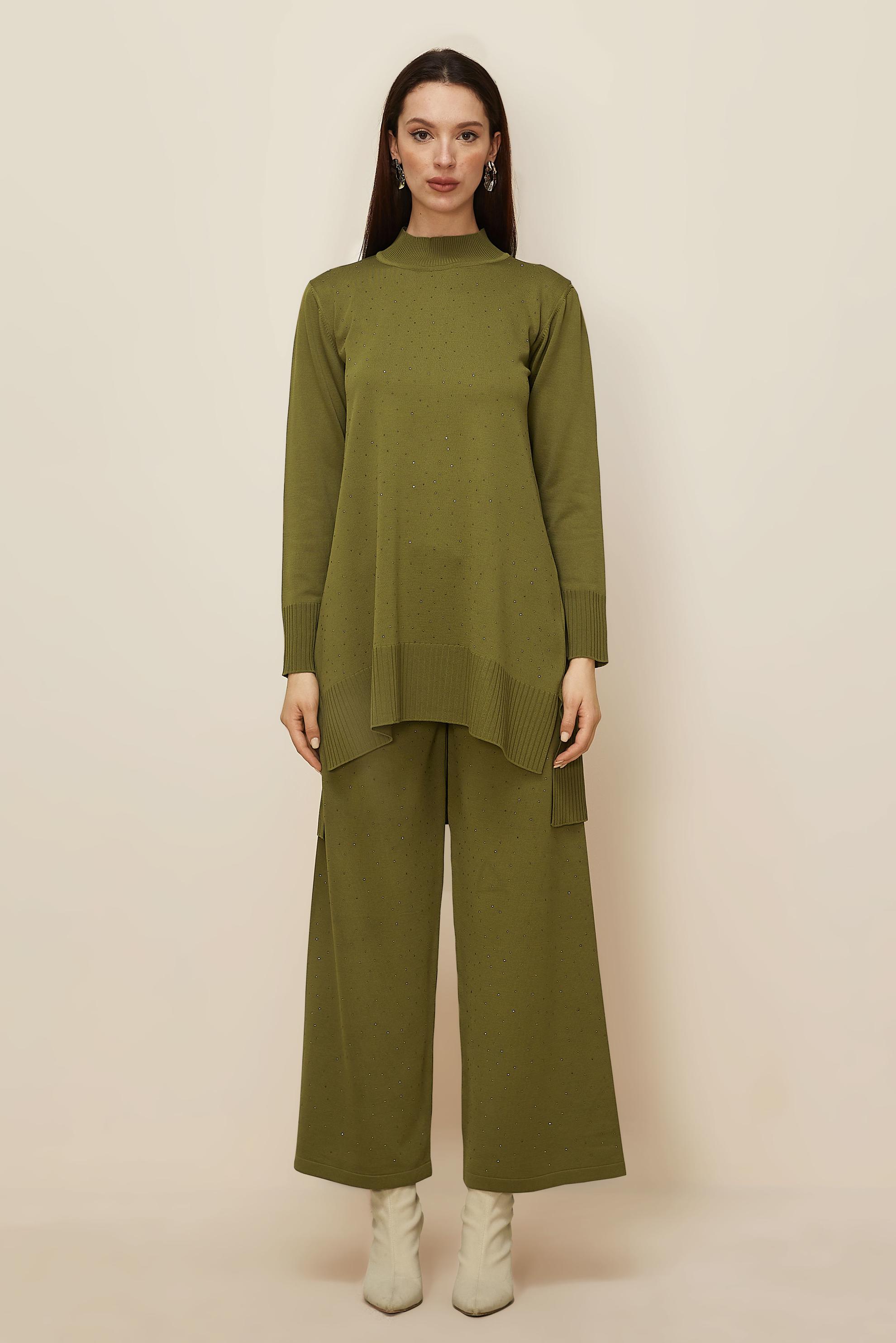 Tesettür giyim YEŞİL PANTOLONLU TAŞ BASKILI TRİKO TAKIM 45863