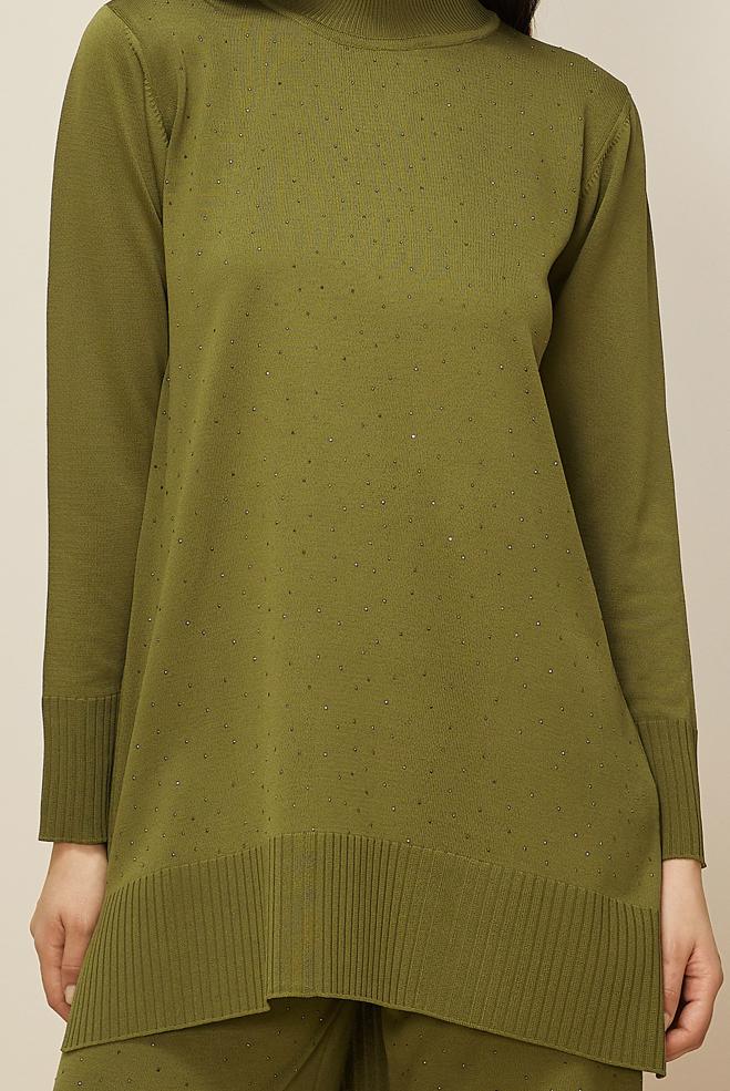 Tesettür giyim YEŞİL PANTOLONLU TAŞ BASKILI TRİKO TAKIM 45863 - ALVİNA