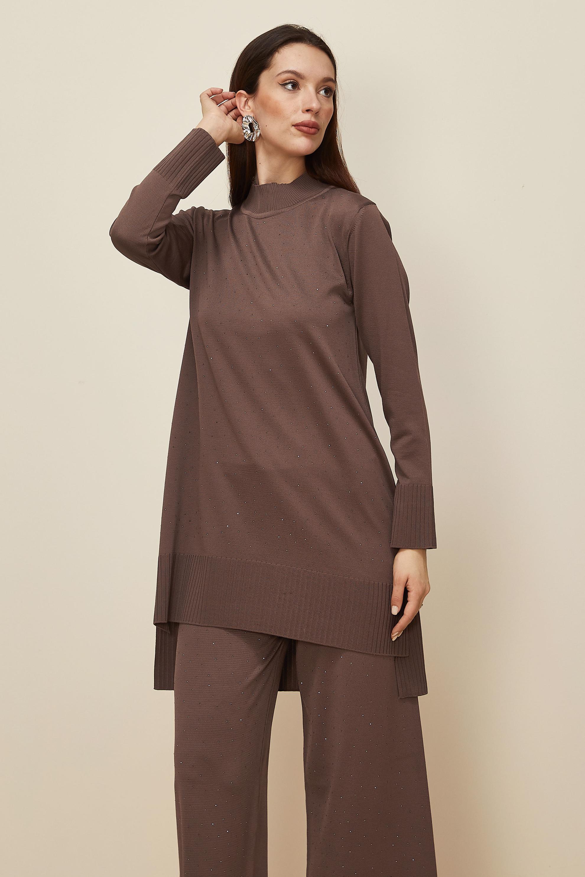 Tesettür giyim KAHVE PANTOLONLU TAŞ BASKILI TRİKO TAKIM 45863