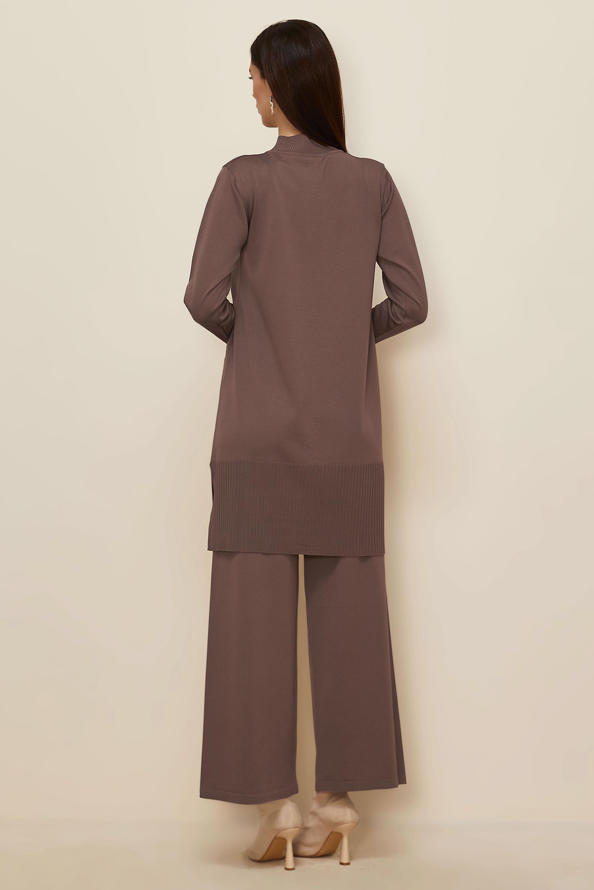 Tesettür giyim KAHVE PANTOLONLU TAŞ BASKILI TRİKO TAKIM 45863