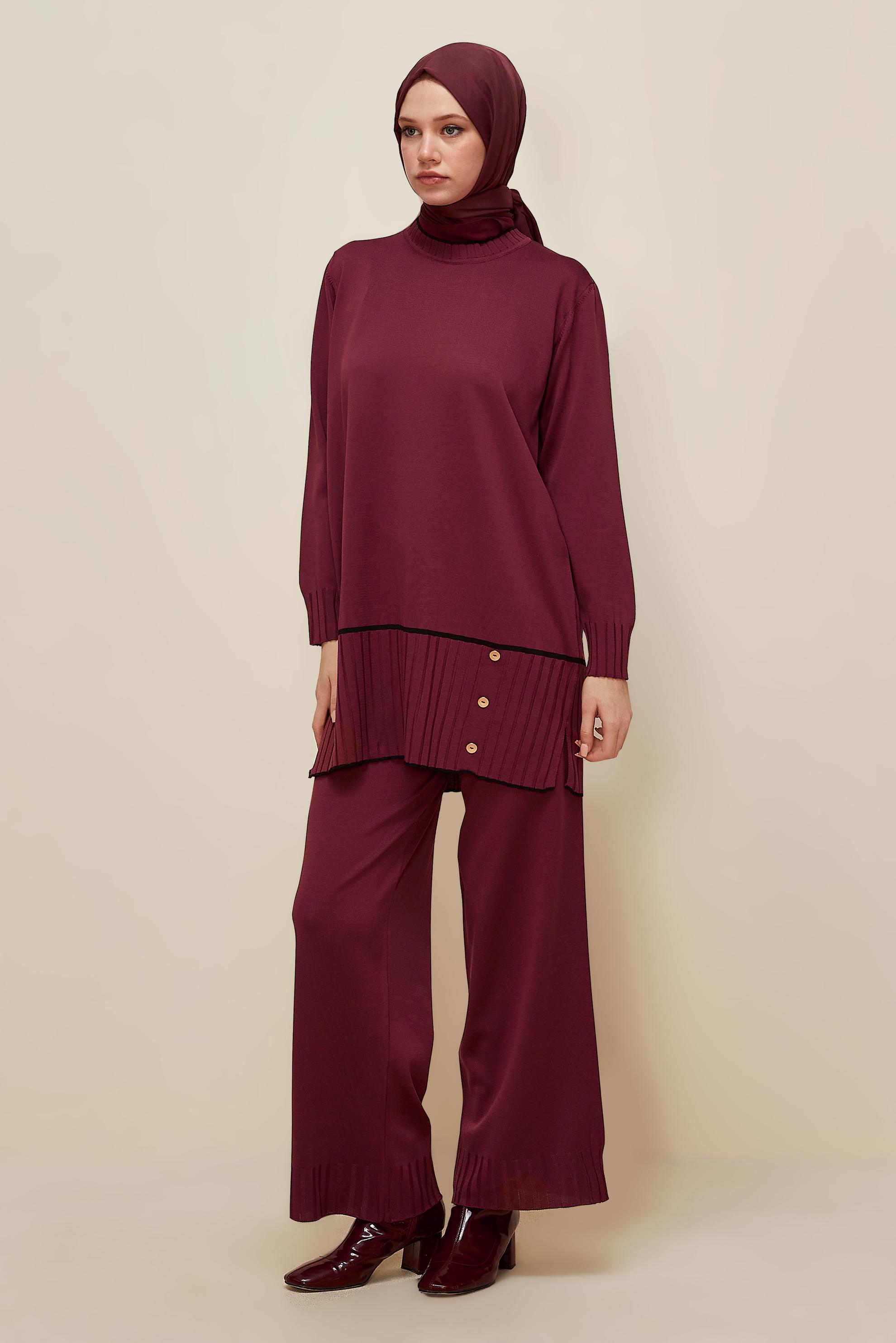 Tesettür giyim BORDO PANTOLONLU TRİKO TAKIM 45864