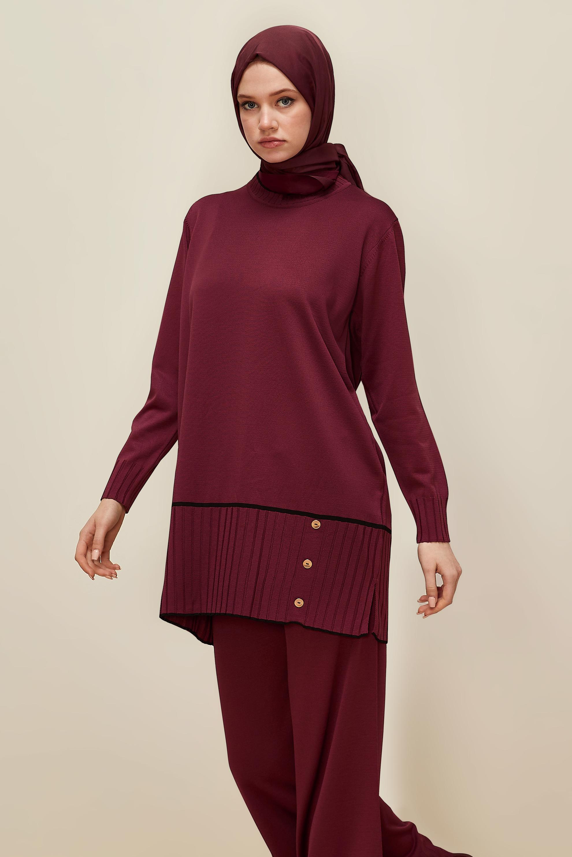 Tesettür giyim BORDO PANTOLONLU TRİKO TAKIM 45864