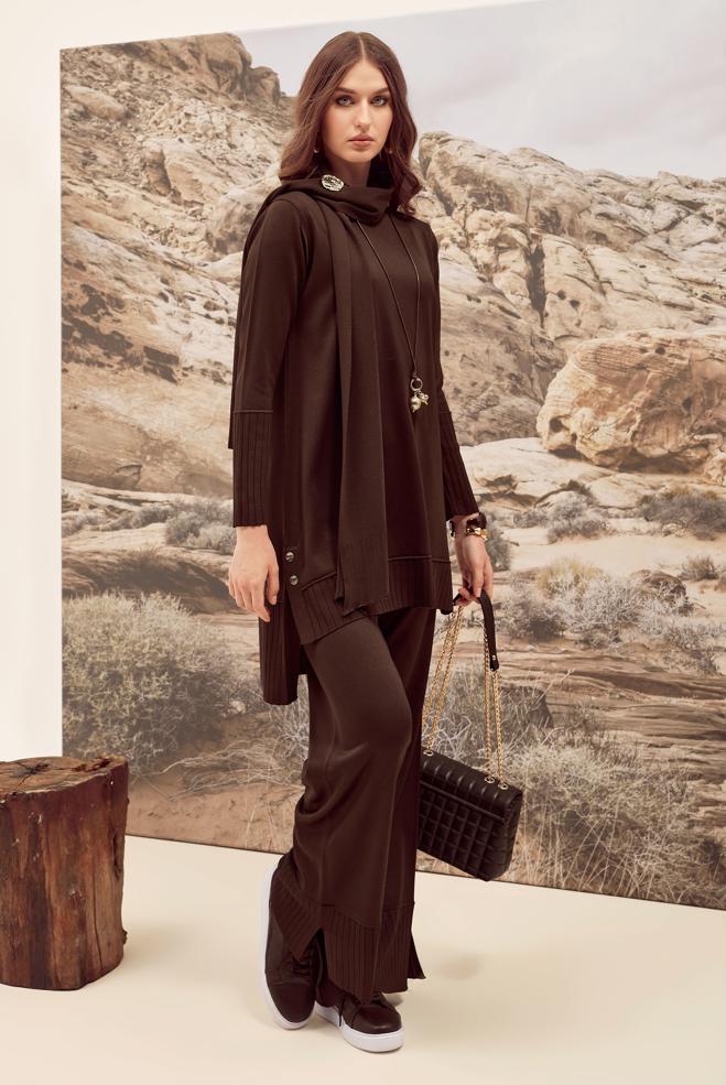 Hijab clothing BROWN KNITWEAR PANTSUIT 45865 - ALVİNA