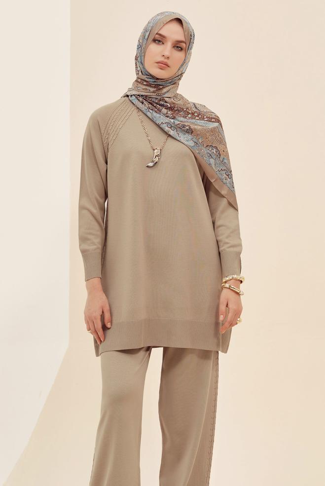 Vêtements hijab BEIGE ENSEMBLE PANTALON EN MAILLE 45866 - ALVİNA