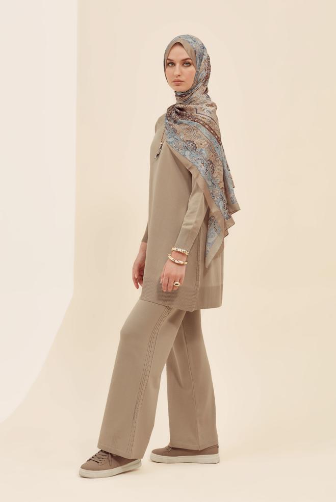 Vêtements hijab BEIGE ENSEMBLE PANTALON EN MAILLE 45866 - ALVİNA