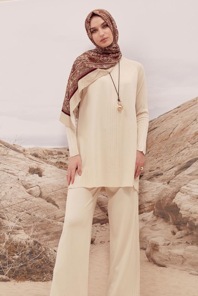 Vêtements hijab BEIGE ENSEMBLE PANTALON EN TRICOT 45867 - ALVİNA