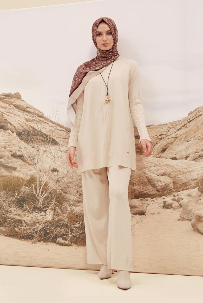 Vêtements hijab BEIGE ENSEMBLE PANTALON EN TRICOT 45867 - ALVİNA