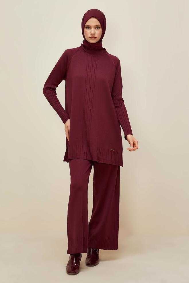 Vêtements hijab ROUGE BORDEAUX ENSEMBLE PANTALON EN TRICOT 45867 - ALVİNA